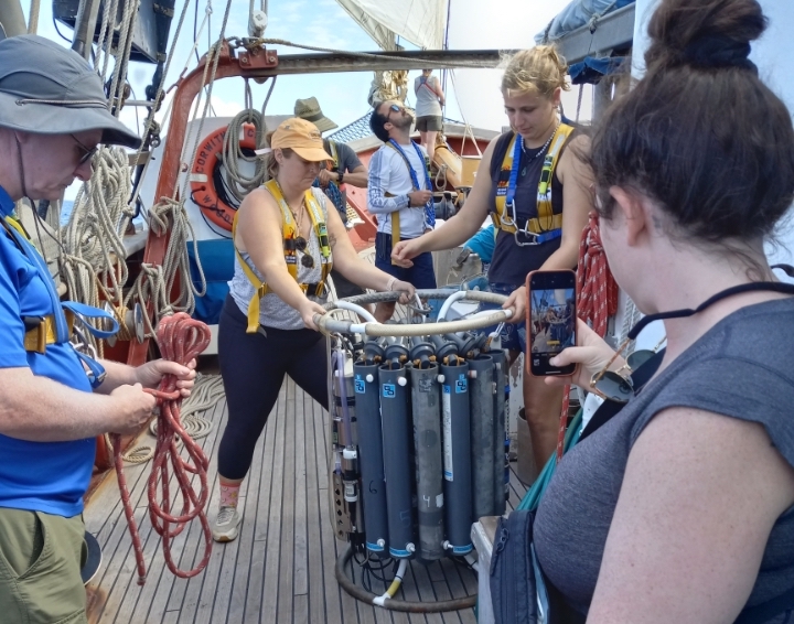 Marine equipment was lowered down onto the ocean floor to collect sediment samples. (Photo courtesy of Olasee Davis)
