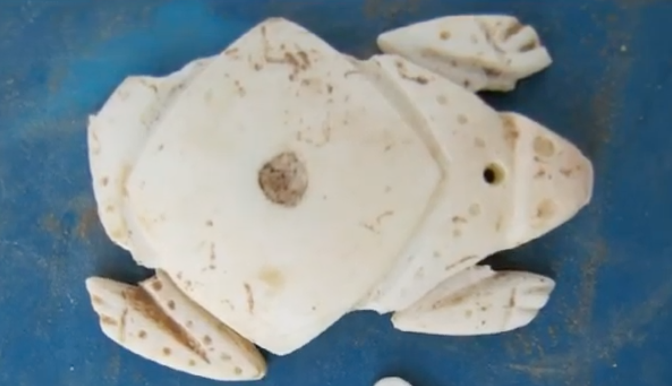 This artifact in the shape of a frog was found during the Main Street dig. (Screenshot from the Charlotte Amalie Saladoid Excavation documentary)