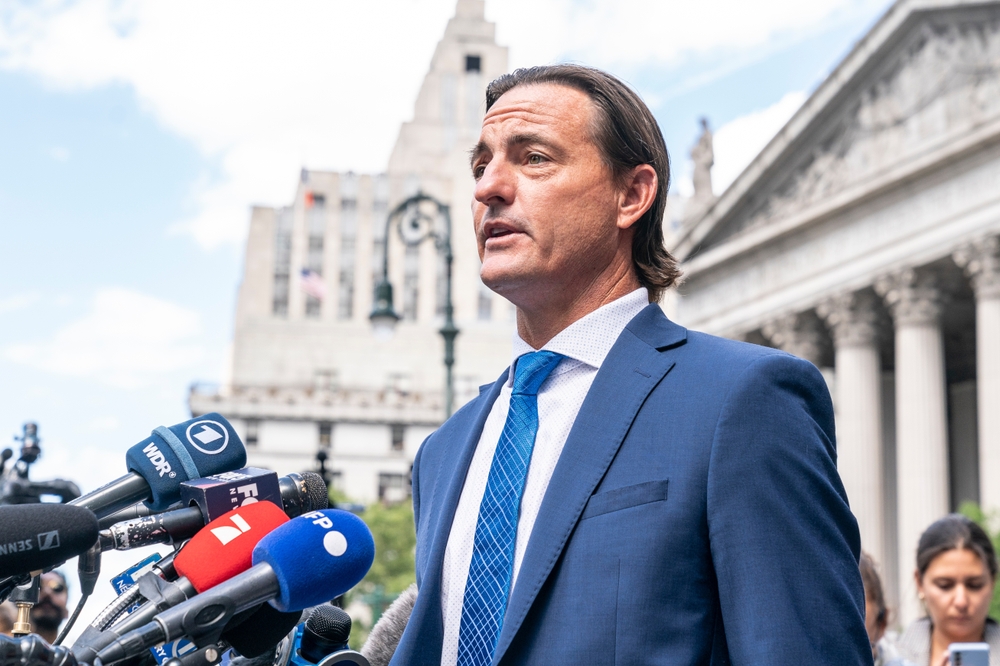 Brad Edwards, attorney representing victims of Jeffrey Epstein and Ghislaine Maxwell speaks to the press outside federal court in Manhattan on June 28, 2022. (Shutterstock photo)