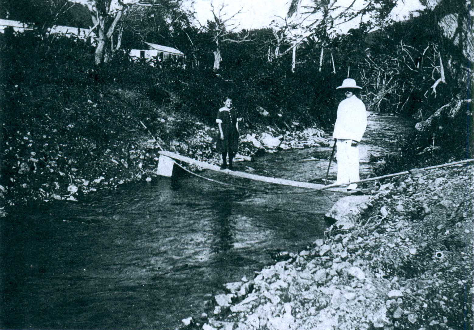 In Oldendorp’s writing, he mentioned, “like standing surface water, come up after a rainfall and are called guts, or waterguts. Some of these dry up almost entirely in the dry season; and others, during the rainy season swell to such an extent that they can scarcely be crossed.” This photo was taken during the 1916 hurricane. This stream or small river headwater started from Mount Stewart over 800 feet above sea level. (Photo courtesy Library of Congress)