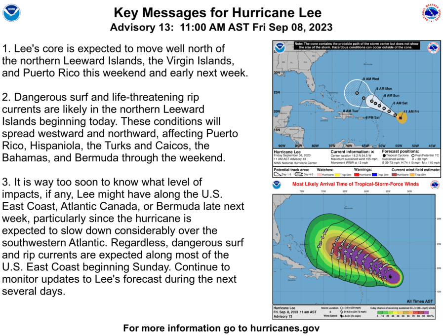 The key messages from the National Hurricane Center update at 11 a.m. on Friday. Powerful ocean swells areexpected across the region this weekend. (Graphic courtesy NHC)