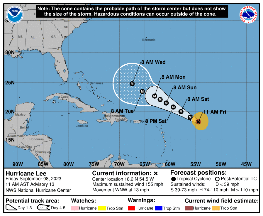 The most recent storm track forecast from the NHC shows Hurricane Lee passing to the north of the USVI and Puerto Rico. Tropical Storm Margot is forecast to take a northward turn this weekend. (Graphic courtesy NHC.)