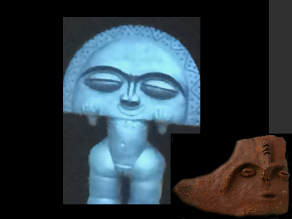 A slide compares a figure (left) found on an island off Venezuela and a face (right) found at Trunk Bay dated from between 900-1000 A.D. (Slide from a presentation by NPS Archaeologist Ken Wild at the St. John Historical Society on Oct. 24, 2023)
