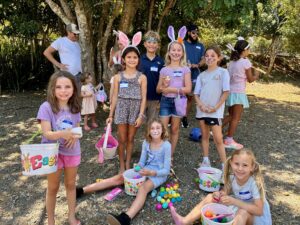 A team of Easter egg hunters came, saw, and conquered! From left: Caroline Buckley, Ariana Overmeyer, Greer Scholes, Naomi Lally, Abby Buckley and seated Saylor and Marley Fetterhoff. (Source photo by Nyomi Gumbs)