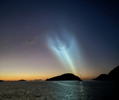 A 230-foot Falcon 9 rocket is seen in the U.S. Virgin Islands as its blasts off from the Cape Canaveral Space Force Station in Florida just after 7 p.m. on Sunday. (Photo by David Wells)
