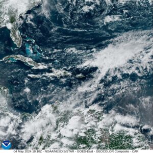 Visible satellite imagery obtained at 3:10 p.m. Saturday. An unsettled weather pattern across the region is expected to continue. (Photo courtesy NWS, San Juan, Puerto Rico and NOAA)