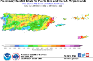 NWS map of preliminarily rainfall totals as of Saturday. (Photo courtesy NWS, San Juan, Puerto Rico)