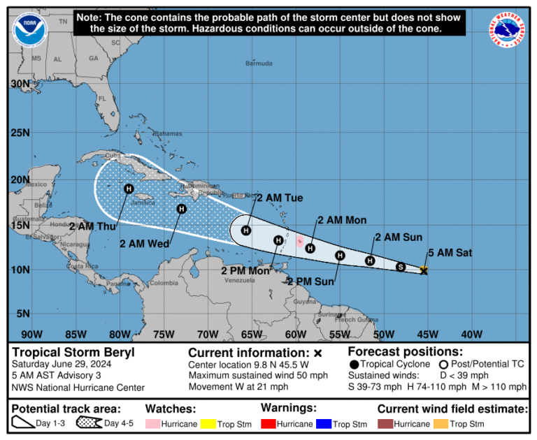 Tropical Storm Beryl Forms; Expected to Intensify and Travel South of USVI, Puerto Rico
