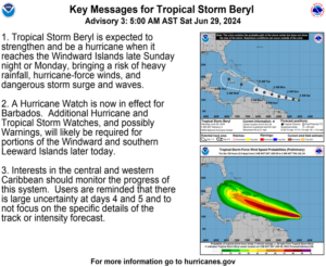 “Key Messages for TS Beryl” as of 5 a.m. on Saturday. (Photo courtesy NHC)