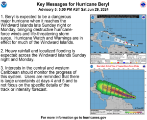 "Key Messages for TS Beryl" as of 5 p.m. on Saturday. (Photo courtesy NHC)