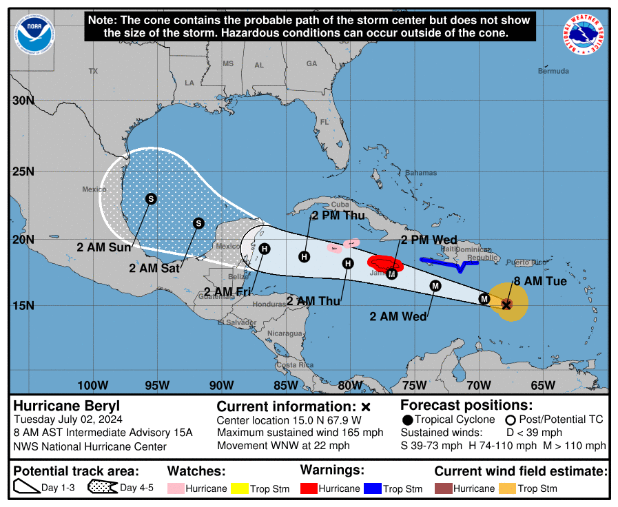 An 8 a.m. update from the NHC on Tuesday indicates that Beryl has intensified into a Category 5 hurricane as it travels across the Caribbean, south of the USVI and Puerto. (Photo courtesy NHC)