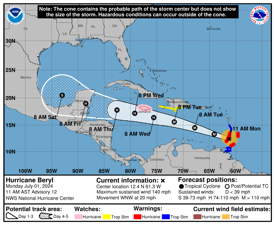 An 11 a.m. update from the NHC on Monday indicates that Beryl is a major Category 4 hurricane. Numerous tropical weather alerts have been issued across portions of the Lesser Antilles. (Photo courtesy NHC)