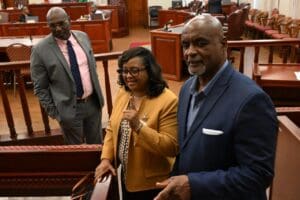 From left, Senate President Novelle Francis, IG Delia Thomas, and Sen. Dwayne DeGraff at Friday’s budget hearing. (Photos by Alvin Burke JR., Mario Fonsica Legislature of the Virgin Islands)