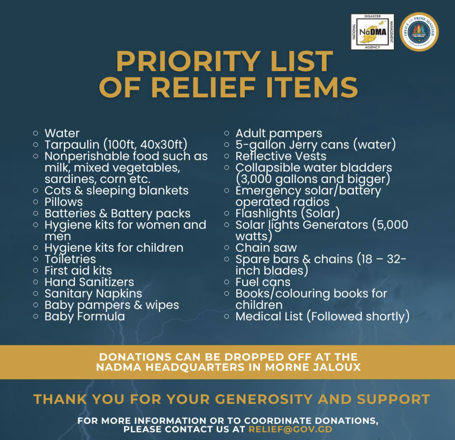 The Grenada government on Friday issued a list of relief items it needs after it was devastated by Hurricane Beryl on Monday. (Image courtesy OECS)