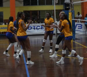 3. ISV girls huddle up after a play during their semi-final match at the CAZOVA U19 Volleyball Championships. (Photo by Sean Morrison)