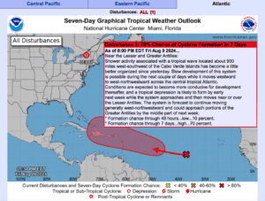 The National Hurricane Center is currently monitoring a robust tropical wave headed for the Caribbean. The wave is expected to pass near the U.S.V.I. and Puerto Rico next week. (Photo courtesy NHC)
