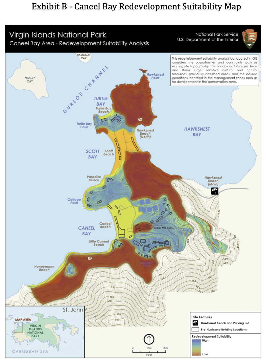 This map included in the RFQ package for Caneel Bay on St. John highlights areas based on their lowest (red) to highest (blue) suitability for redevelopment. (Image courtesy NPS)
