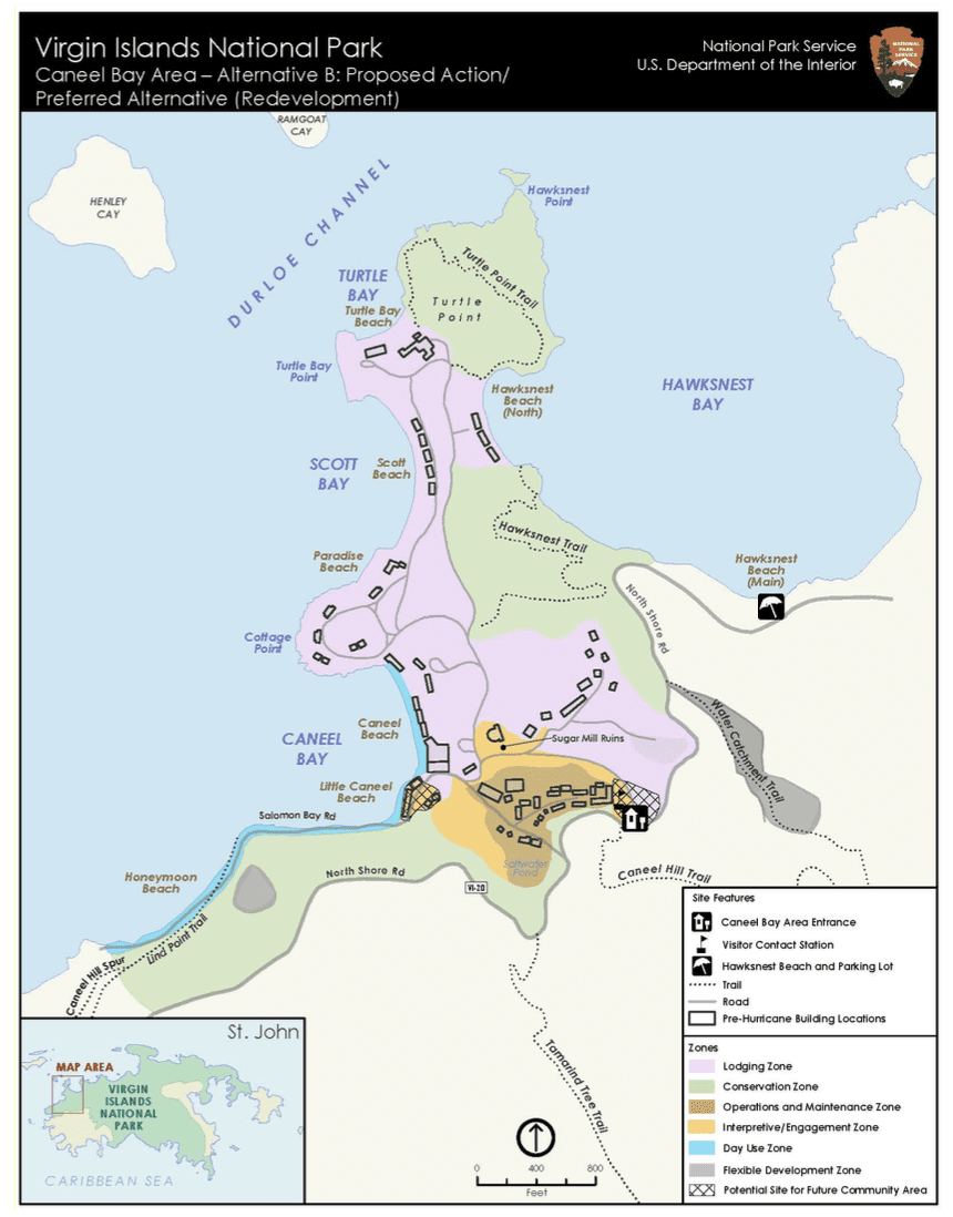 According to a map included in the RFQ package for the redevelopment of Caneel Bay on St. John, the property will consist of six zones to include Lodging (67 acres), Conservation (78 acres), Operations and Maintenance (7 acres), Interpretive/Engagement (11 acres), Day Use (5 acres), and Flexible Development (7 acres), with two areas set aside as potential sites for future community areas. (Image courtesy NPS)