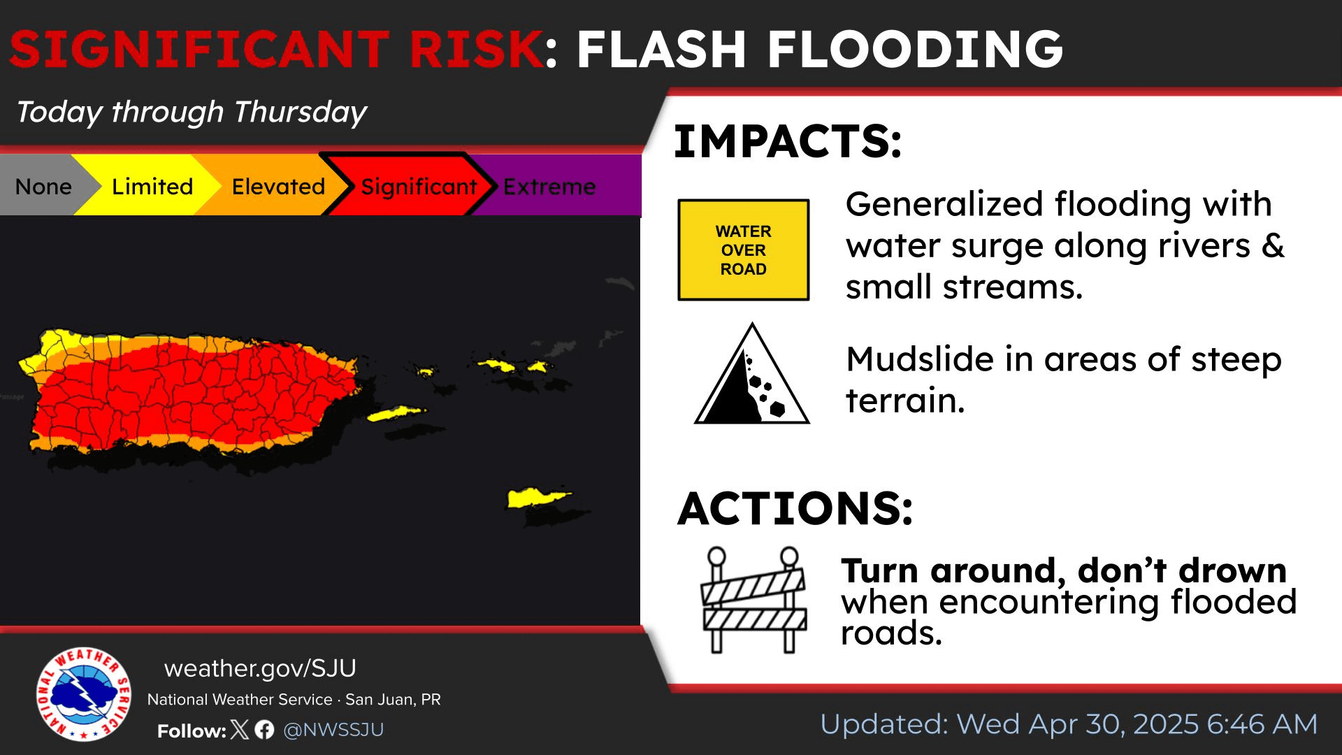The NWS in San Juan, Puerto Rico, expects an unstable weather pattern with rainfall and thunderstorms to continue across the local region, particularly across areas of Puerto Rico. Rainfall may be heavy at times. (Photo courtesy NWS)