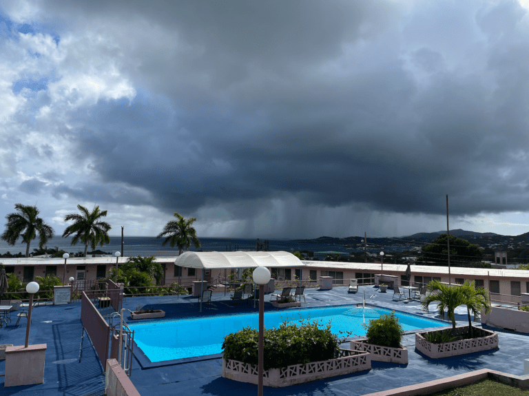 Heavy rain moved across Christiansted, St. Croix, on April 15, 2025. The USVI and Puerto Rico are forecast to receive additional precipitation over the next several days. (Source photo by Jesse Daley)