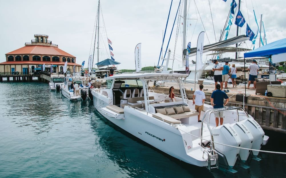 Yachts on display, with the Harbor 360 locale of the Vendor Expo in the background, at the Virgin Islands Boating Expo, held May 15 to 18 at Yacht Haven Grande on St. Thomas. (Photo courtesy @mediaboostvi)