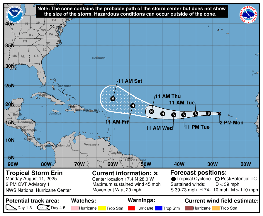 NHC Tropical Storm Erin projected storm track as of Monday, Aug.11. The system is expected to intensify into a hurricane this week. (Photo courtesy NHC)