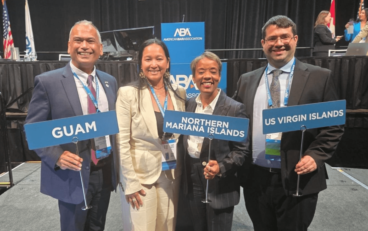 Joaquin C. Arriola, Jr., Esq., Guam Delegate; Jacqueline T. Terlaje, Esq., GBA President and NMI Alternate Delegate; Michelle A. Behnke, Esq., ABA President; & Anthony Ciolli, U.S. Virgin Islands Delegate-at-Large and VI Bar Past-President. (Submitted photo)