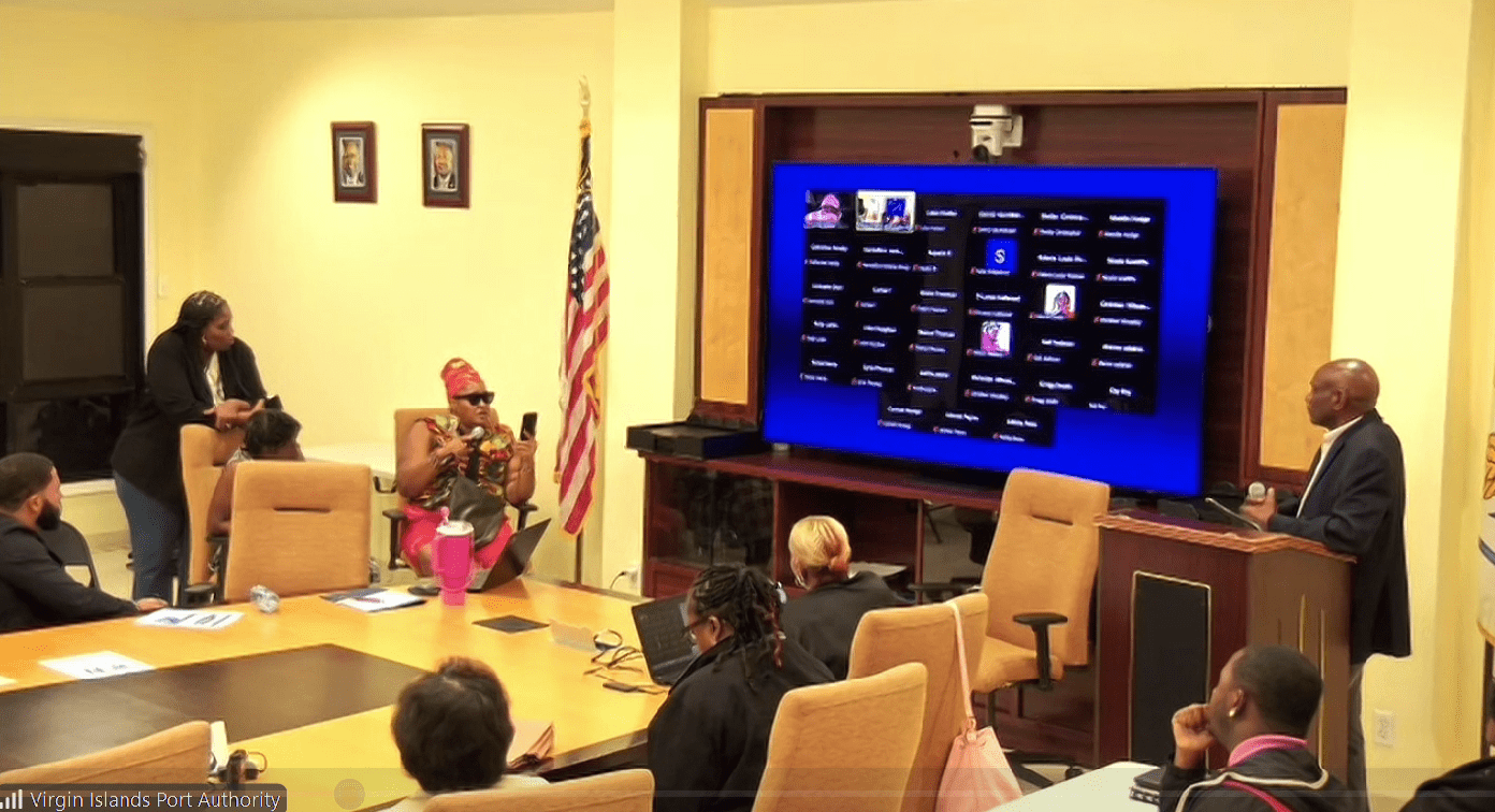 An audience member addresses V.I. Port Authority Executive Director Carlton Dowe at Tuesdayt’s public hearing on the agency’s proposed marine tariff hikes. (Zoom screenshot)