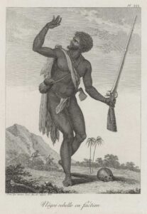 We forget to mention in our Virgin Islands history that Maroons on St. Croix governed themselves for decades before the arrival of the Danish government in 1734. This image depicts a rebelling enslaved African who, after fleeing, is fighting the white colonists. (Credit to William Blake, drawing of a Maroon (1744-1797) )