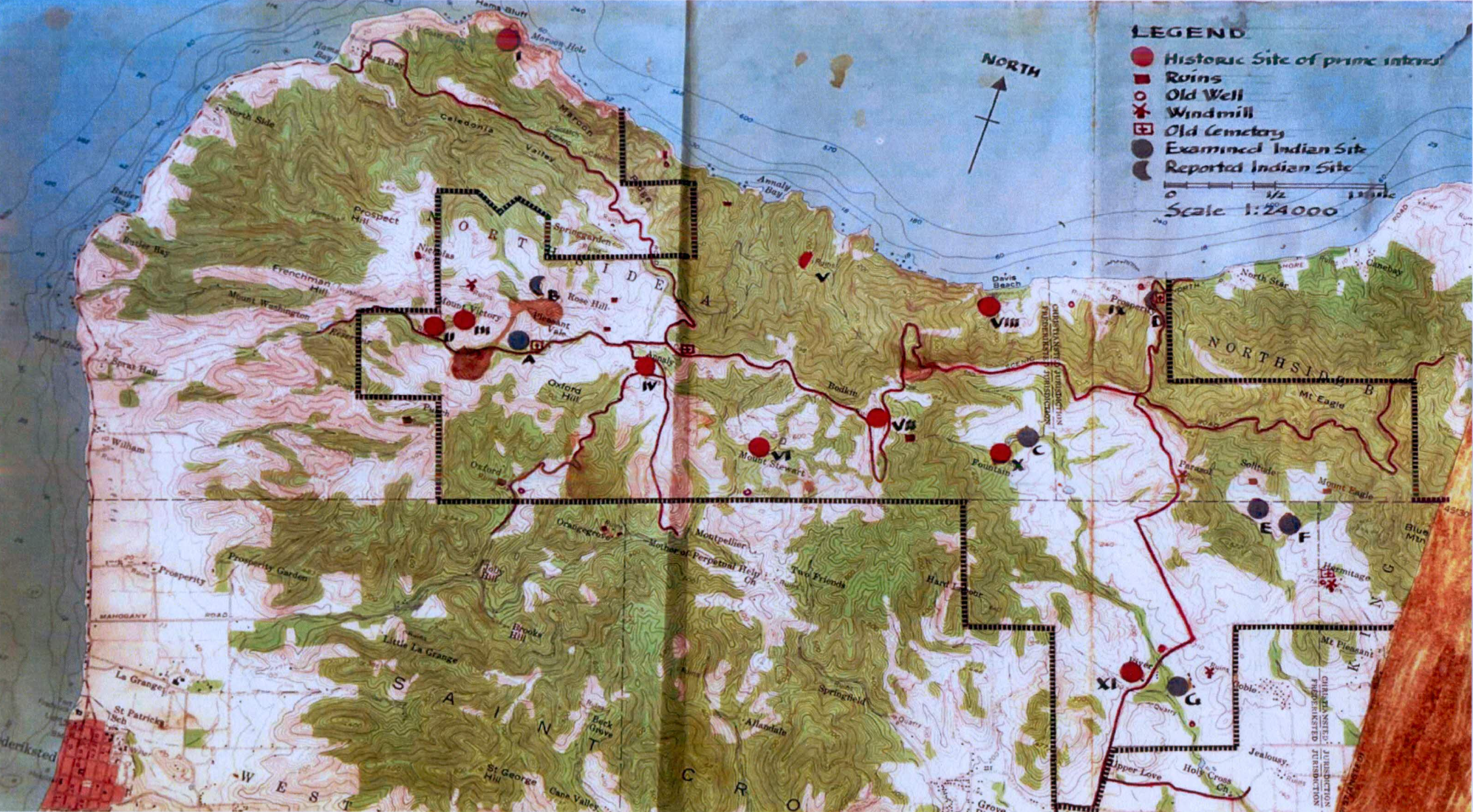 This map gives a description of historic sites within the newly Maroon Sanctuary Park and sites bordering the outside of the park. Crédit to George B. Hartzog, Jr and Thomas W. Richards
