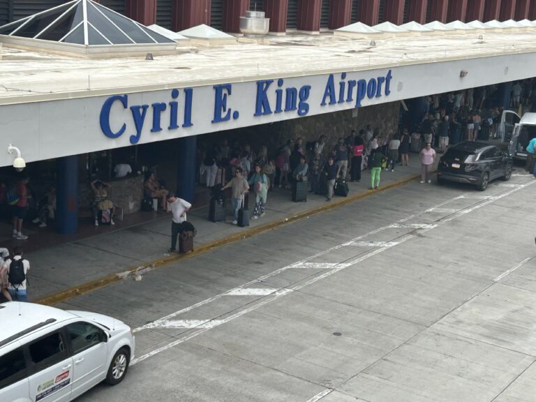 Travelers wait in long lines on Monday, March 23, 2026, at Cyril E. King Airport on St. Thomas as a partial government shutdown continues to affect workers with the Transportation Safety Administration. (Source photo by Siân Cobb)