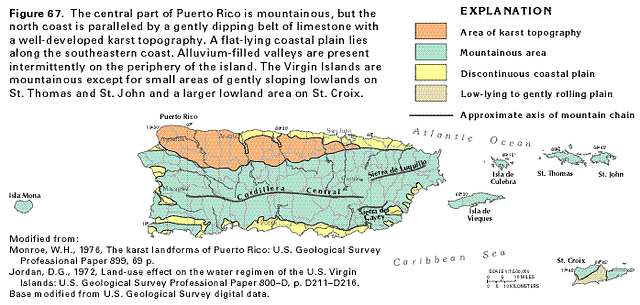 This map explains the geological development of Puerto Rico and the Virgin Islands. This geological process influenced trees and animal species on the islands' botanical forest development. (Map courtesy by NOAA and U.S. Geological Survey)